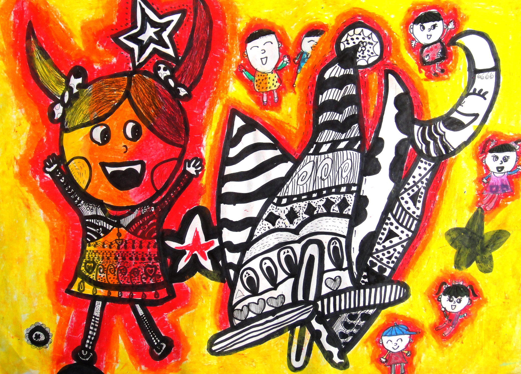 07殷雨菲8岁《篝火》和好朋友一起出去野炊，好不容易点燃了一堆篝火，看着红红的火苗，.jpg