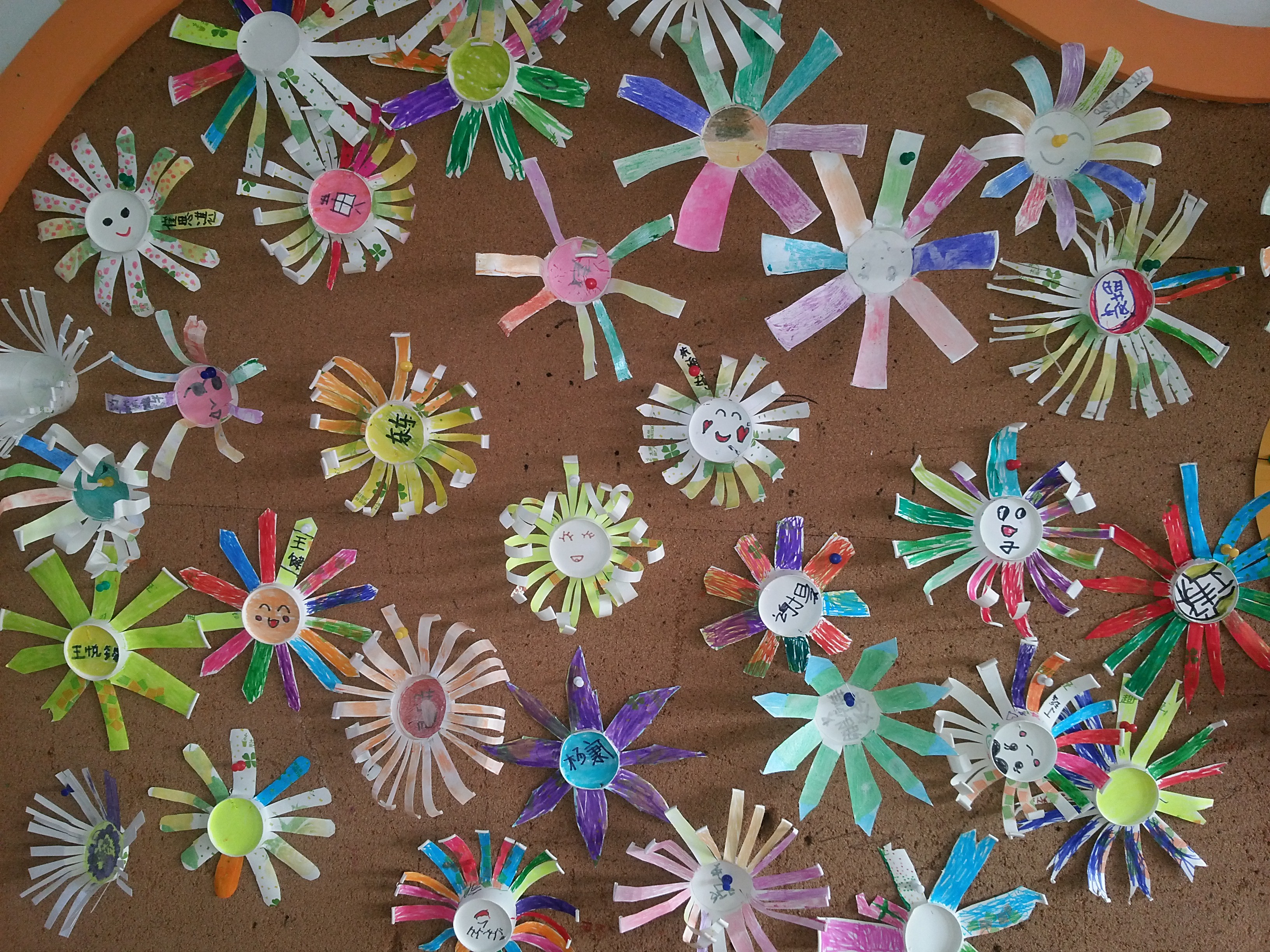 孩子们在《变废为宝》的活动中用废旧纸杯进行了创意花的设计和制作，作品琳琅满目，色彩缤纷，创意花朵形态 ...
